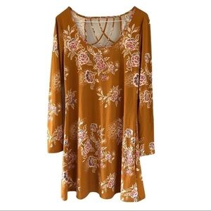 Mudd floral dress cut out back, long sleeve midi tunic dress. Mustard yellow M